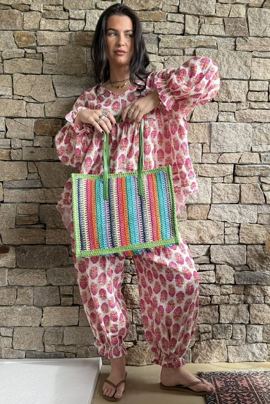 Kondi Rainbow Raffia Tote Bag Green